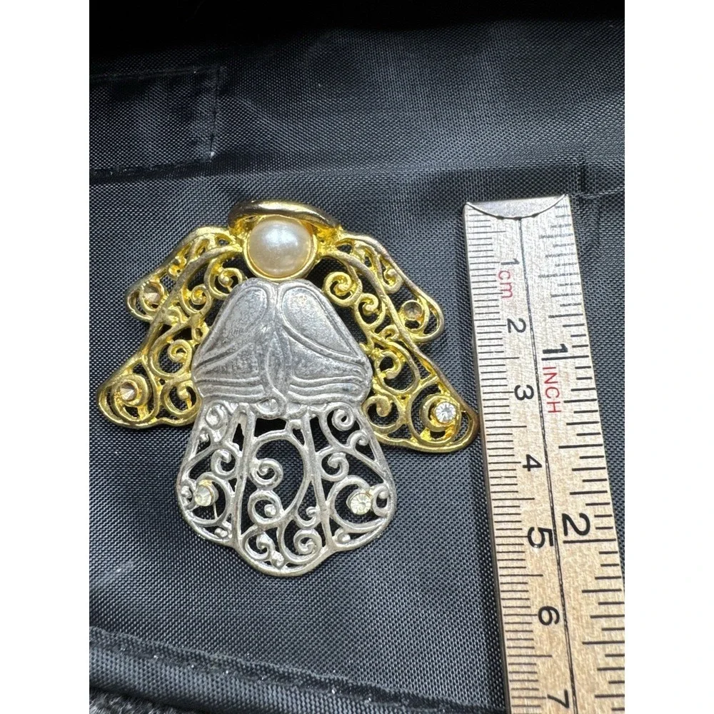 Vtg Large Silver & Gold Tone Filigree Angel Brooch Pin Rhinestones & Faux Pearl